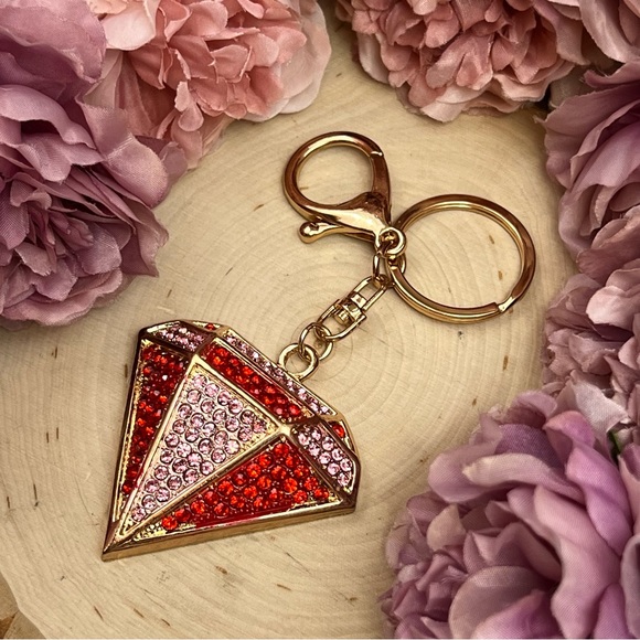 Red and Pink Crystal Gold Accented Diamond Keychain Charm - Picture 6 of 14